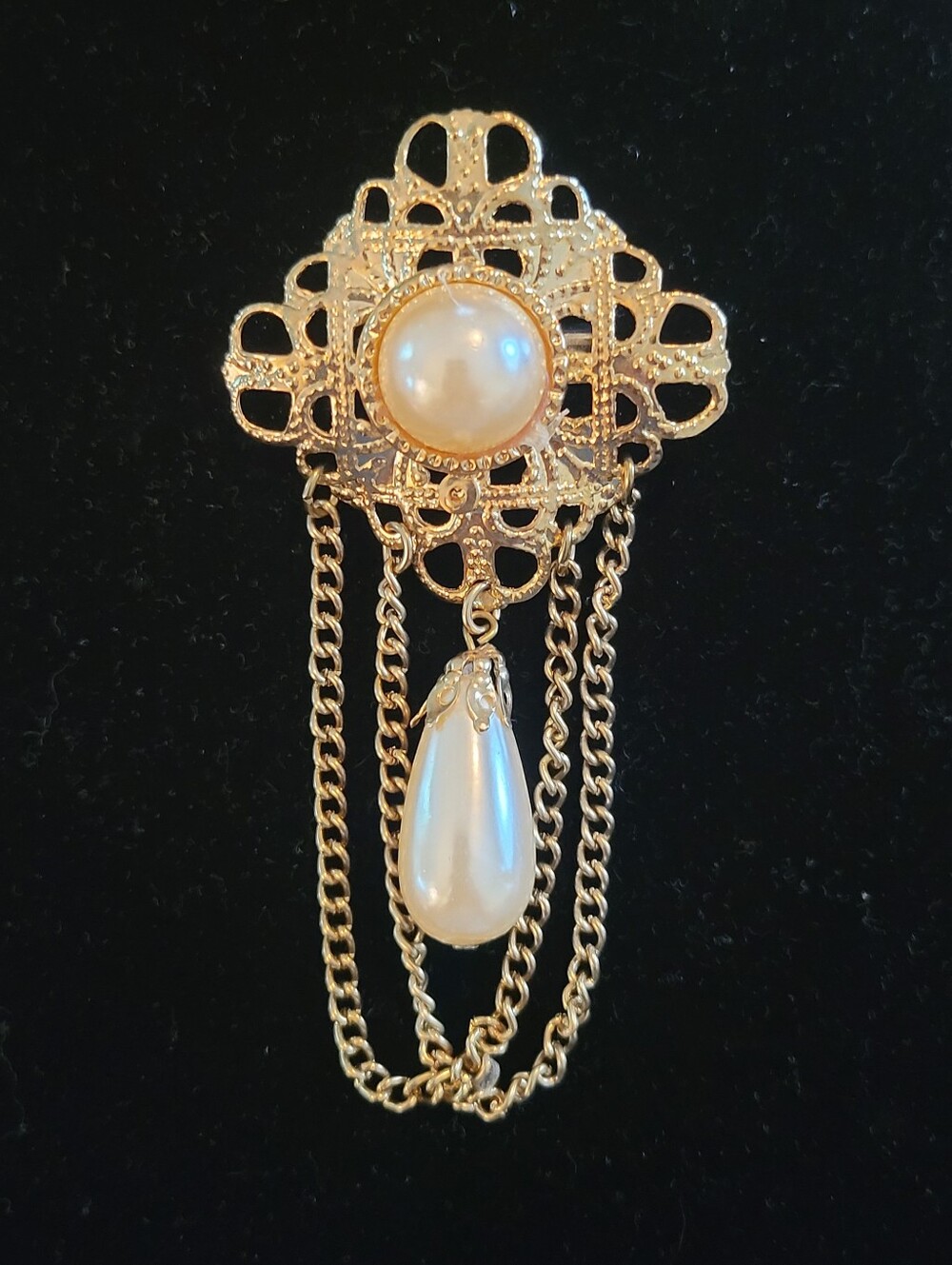 Vintage Filigree, Faux Pearl & Chain Dangle Brooch